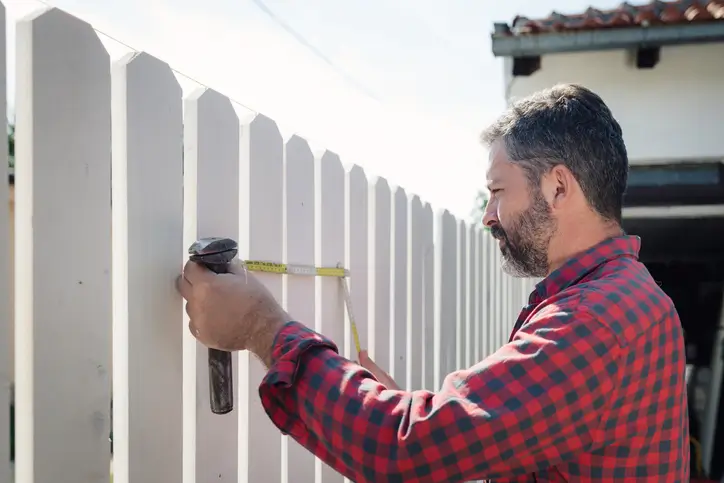 Five Star Deck carpenter measures the pillars of a wooden fence.