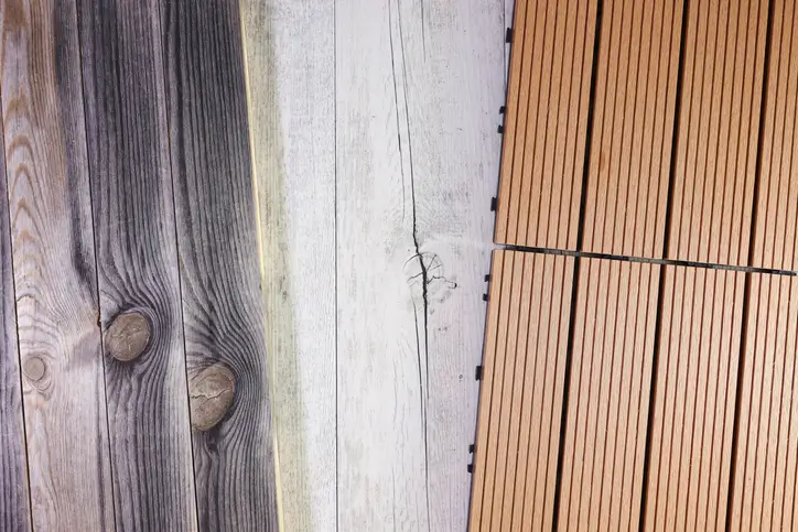 Wood deck and composite deck material side-by-side comparison 